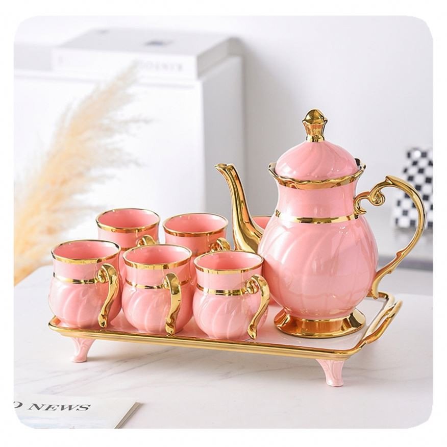 New Luxury 8Pcs Arabic Gold Rim Porcelain Coffee Tea Cup Set With Teapot Tray Ceramic Tea Cup Set