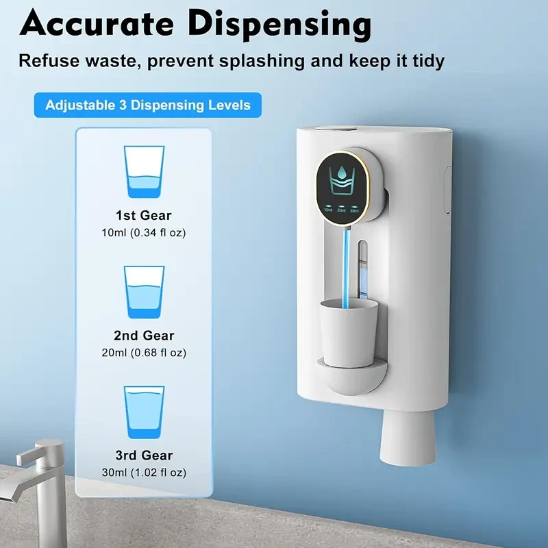 White Smart Mouthwash Dispenser, Automatic Mouthwash Machine, Wall-Mounted, Rechargeable with 2 Cups