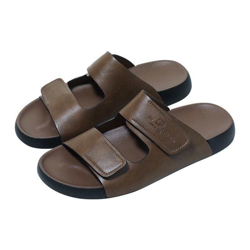 Men's Summer Sports Flip Flops K-Style Indoor Home Slippers with Thick Sole and Velcro Leather Sandals Slippers with PU Insole
