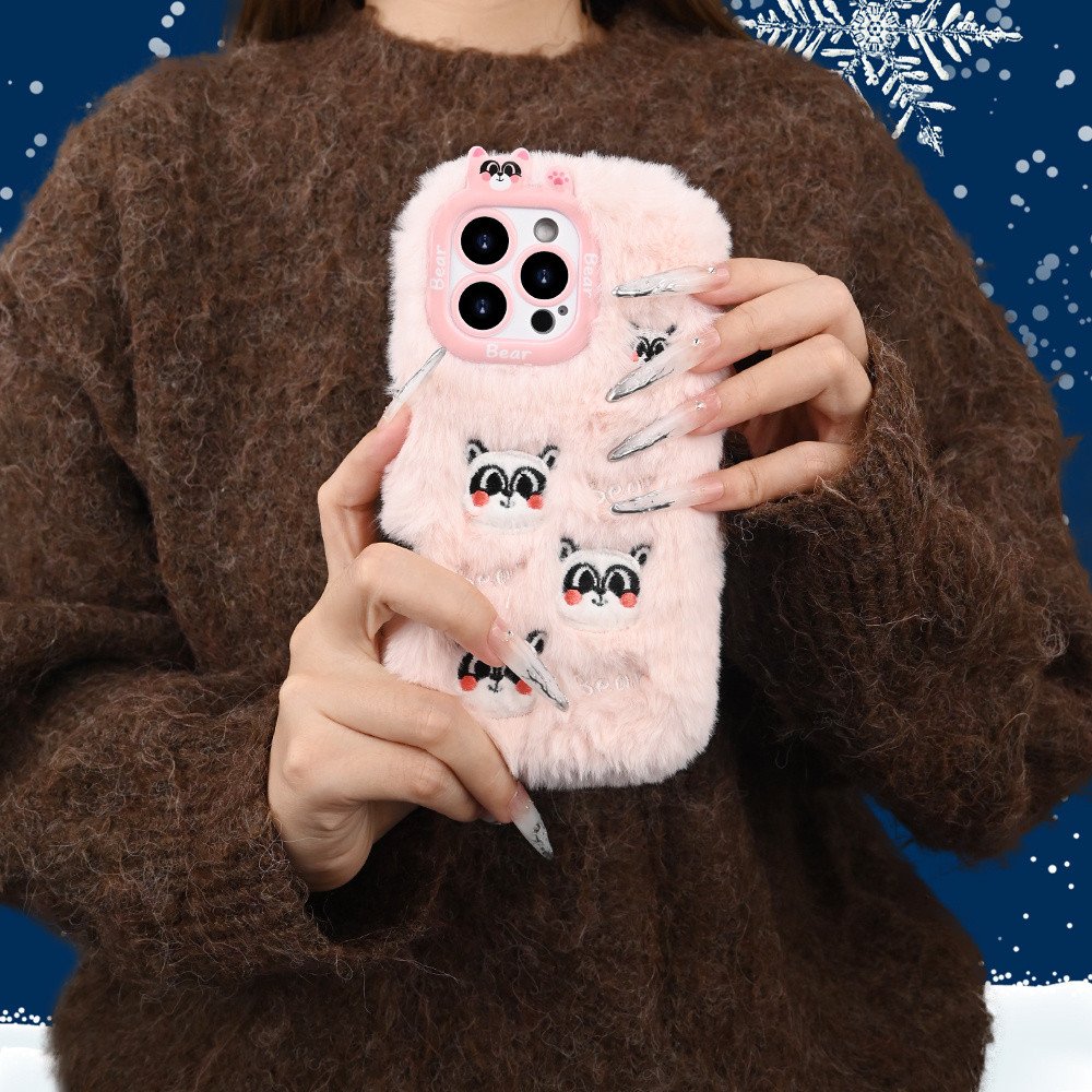 NS Style Winter Cute Pink, White Panda Plush Series Halloween Christmas Boys And Girls Durable All-Inclusive Lens New Mobile Phone Case for Iphone 16/15/14/13/12/11 Plus Pro Max One Gift