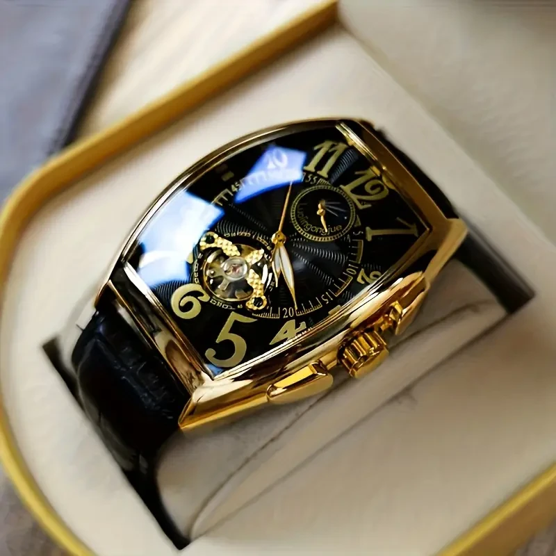 [Sophisticated Design] Elegant Men's Automatic Mechanical Watch - Luxurious Golden-Tone with Roman Numerals