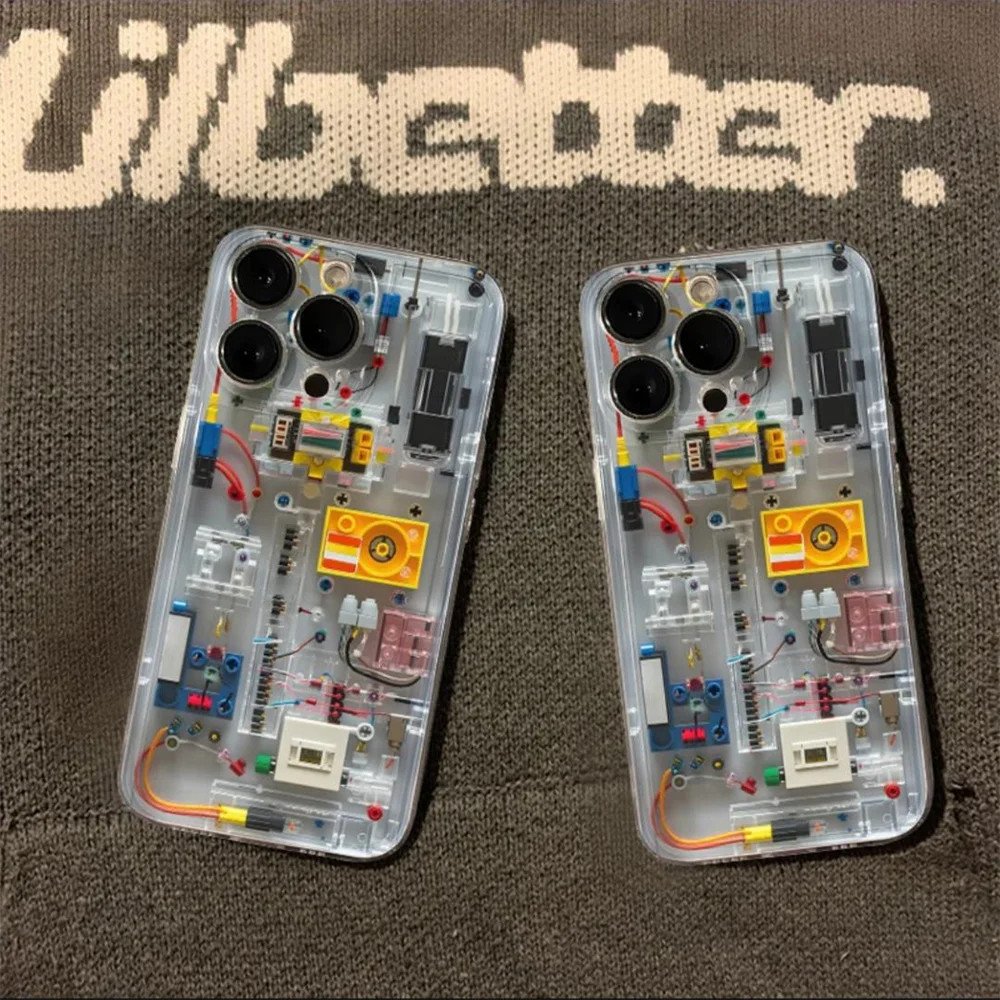 Creative Circuit Cartoon Bricks Clear Phone Case For iPhone 15 13 14 12 11 Pro Max Plus X XS XR 7 8 Lovely Soft Silicone Cover