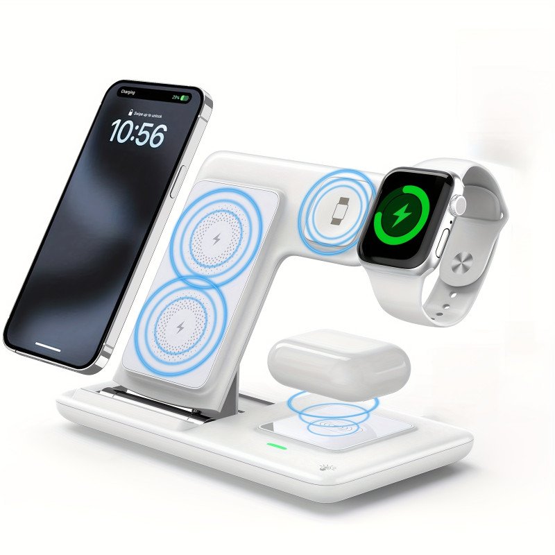 Mingmai 3-in-1 Folding Wireless Charging Station for iPhone 15, 14, 13, 12, 11/Pro/Max/Mini/Plus, AirPods 3/2/Pro, and Apple Watch 1-9 - Magnetic USB Charging Base with LED Indicato