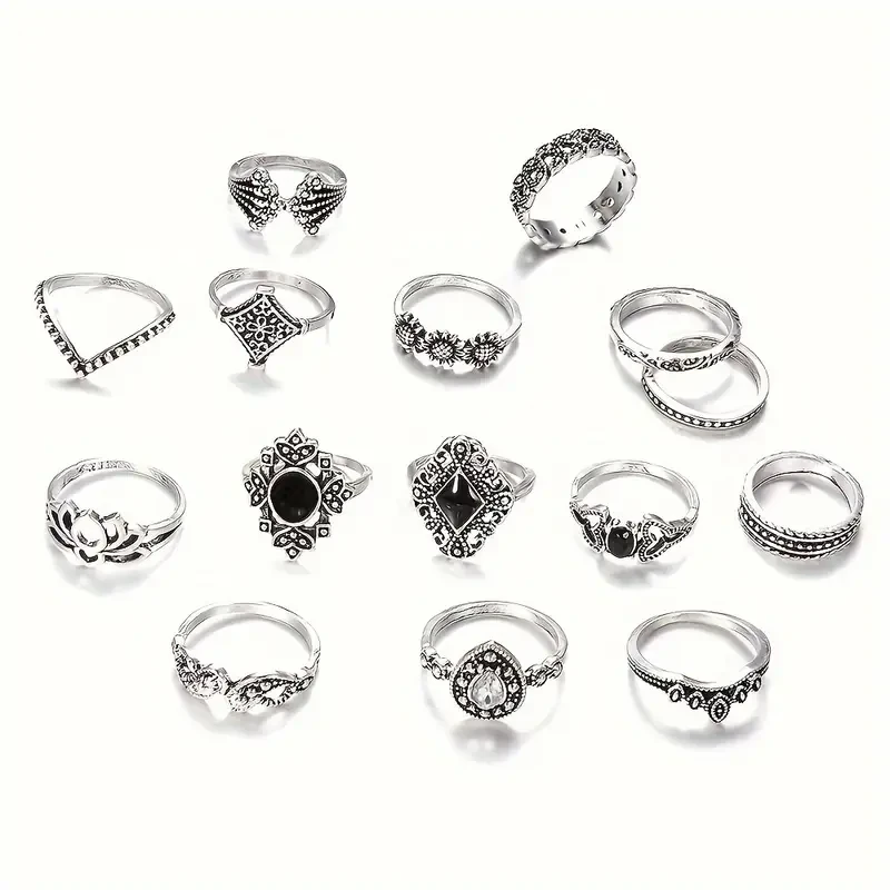 Boho-Chic 15pcs Ring Set with Vintage Silvery for Lotus Design - Alloy, Cubic Zirconia Accents for Everyday & Party Wear