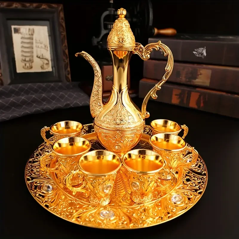 Set, Vintage Metal Turkish Coffee Pot Set, European Style Tea Set, 6 Luxury Coffee Cups, Craft Tea Tray And Teapot, For Serving Tea, Coffee, Cappuccino