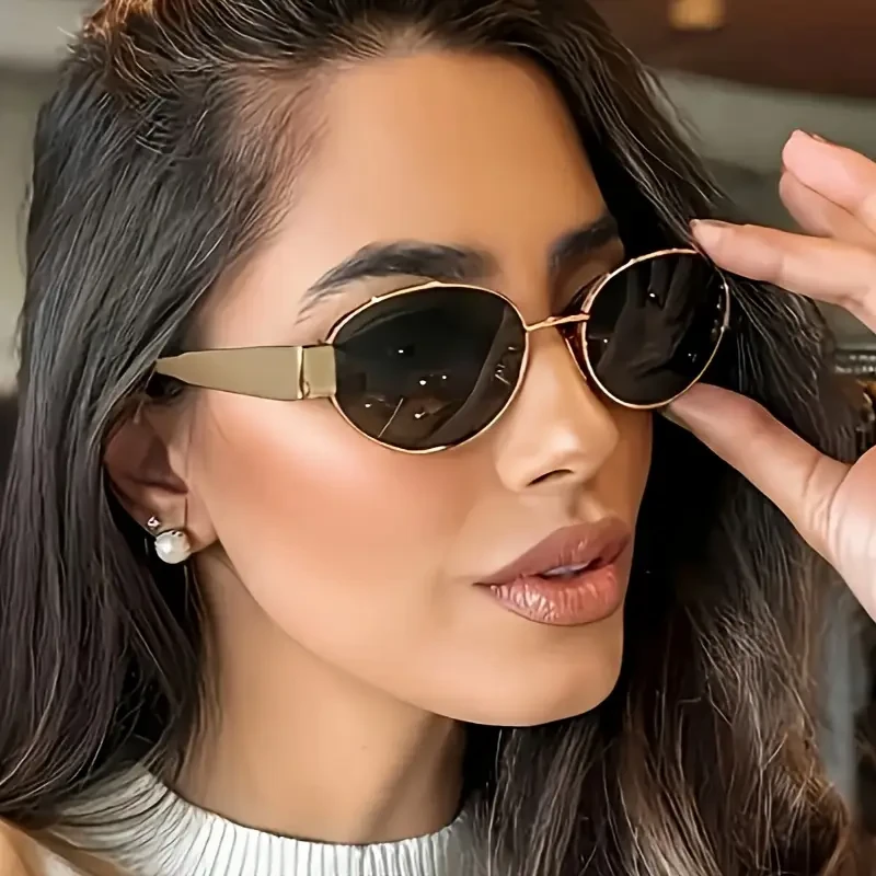 Everyday Elegance, Chic Oval Metal Fashion Glasses for Women - French Vintage Style with Golden-Tone Accents