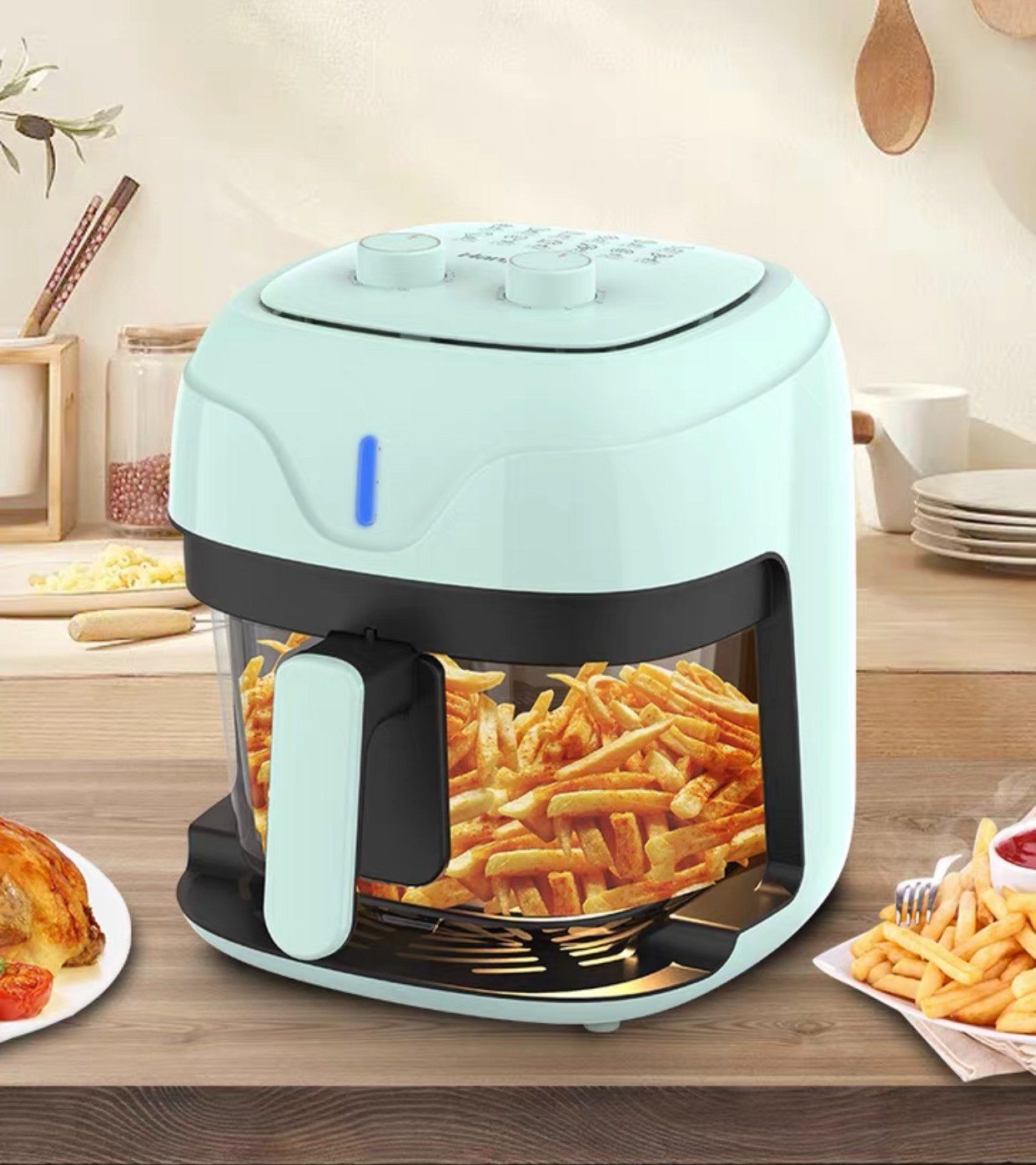 Wholesale food grade thickened glass 5L 1200W visible mechanical manual air fryers