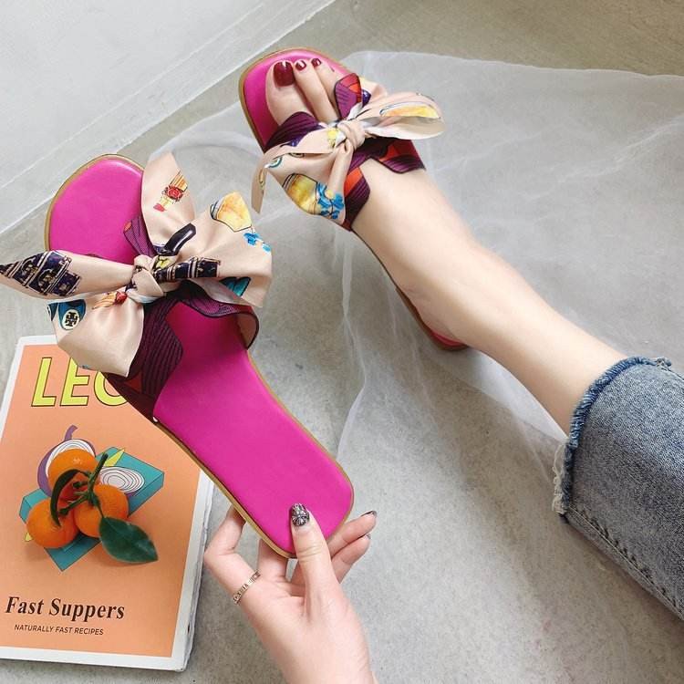 Colorful Ribbon Bow Flat-bottomed Girls' Trendy Slippers, New Summer Women's Wear with Floral Prints