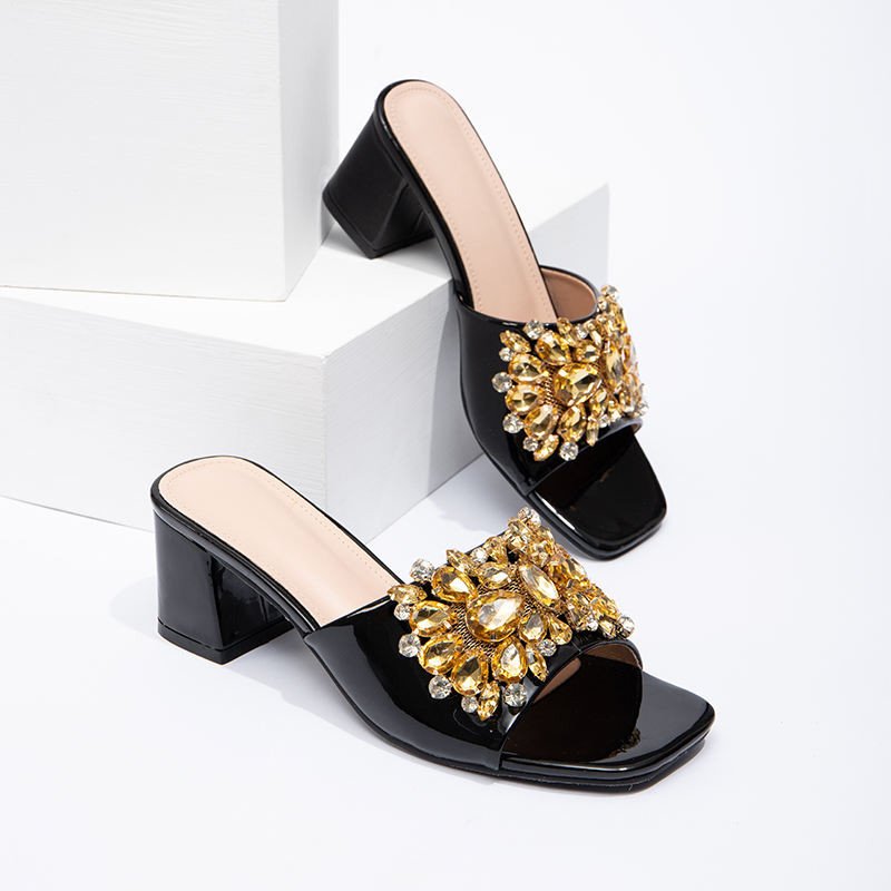 New square Toe Thick Heel Sexy Women's High Heels Black Ladies' slippers Fashionable Large-sized Women's Summer slippers