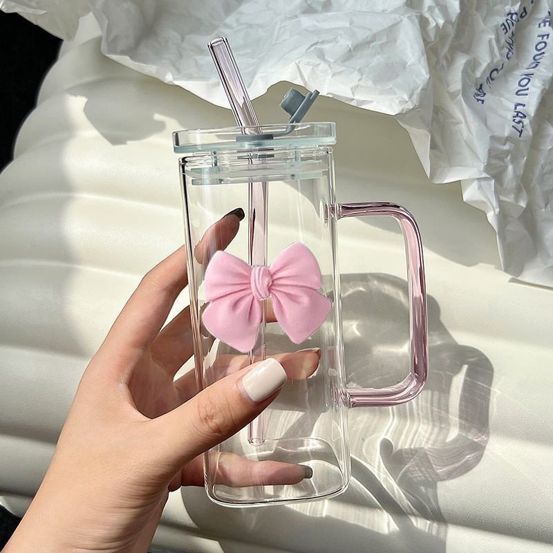 Transparent Simple Square Glass Straw Cup with Bowknot Handle High Temperature Resistant for Coffee Milk Drinks