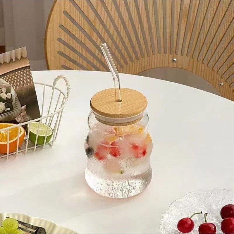 Hot Selling Glass Iced Coffee Cups Cute Irregular Ribbed Chubby Tumbler Latte Cup Beverage Glasses with Bamboo Lid and Straw