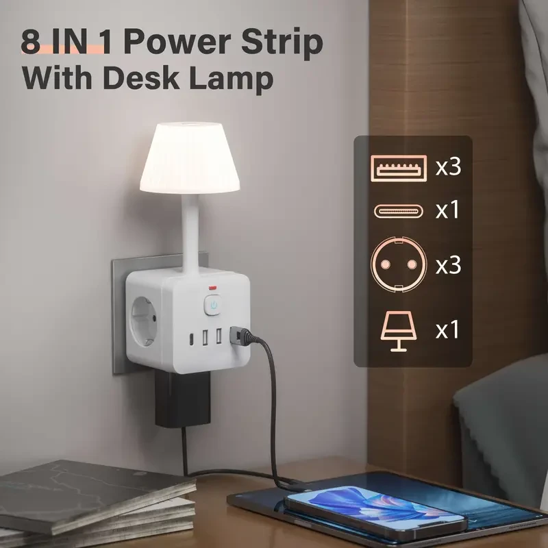 European Standard Plug 8-in-1 Wall Outlet with Desk Lamp, Surge Protected, Switch, 3 AC Sockets, 3 USB Ports, 1 Type-C Port, 220-240V Power Supply