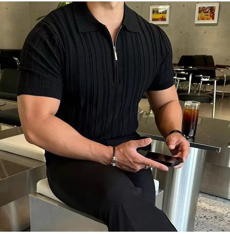 M-3XL Half Zip Polo Shirt Men's Short Sleeved Collar Knitted Top Men's T-shirt