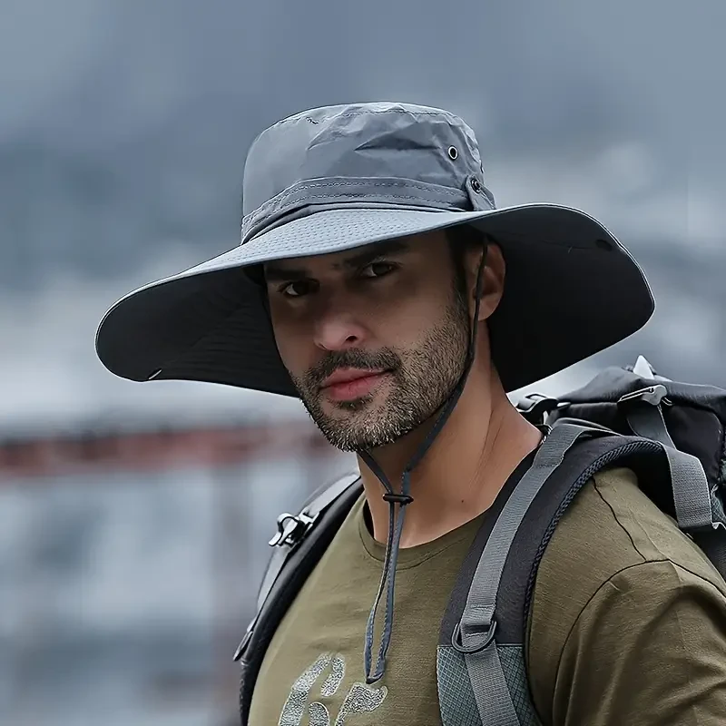 Men's Breathable Wide Brim Sun Hat, Adjustable Buckle Closure, Solid Color, Outdoor Hiking & Recreation Hat with Non- Polyester Fabric