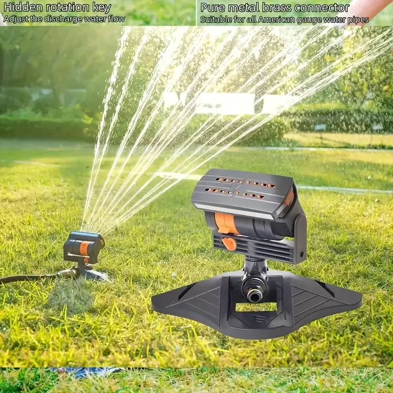 Adjustable sprinkler device for watering lawns, yards and gardens. 16 mini turbine oscillating sprinklers, covering larger sprinkler devices