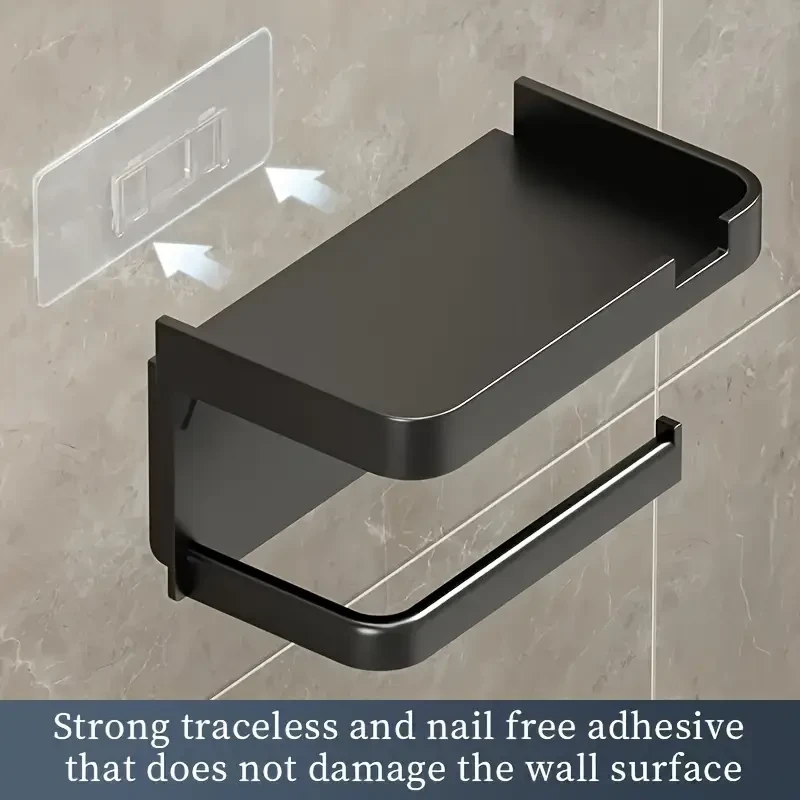 Luxury Self-Adhesive Wall-Mounted Bathroom Tissue Holder with Storage Rack – Sleek Black High-Gloss Finish