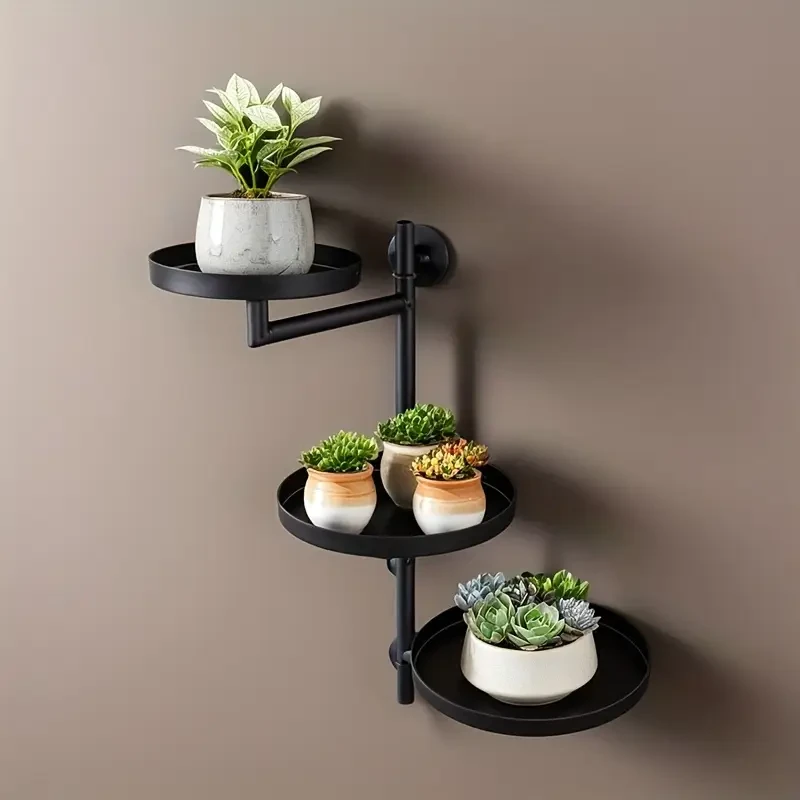 3-Tier Contemporary Iron Wall-Mounted Rotating Plant Stand - Space-Saving Multi-Tiered Storage Rack,