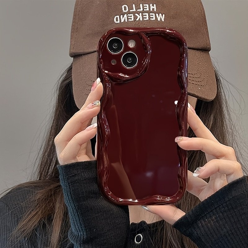 Classic Burgundy Phone Cover with Wavy Edges - High-Quality Solid Color Style, Fits Iphone Models 11, 12, 13, 14, 15, 16 Pro Max, X, XS, XR, 7, 8 Plus,