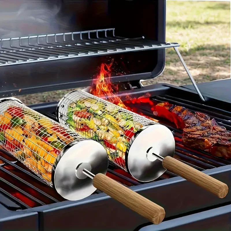 3pcs Stainless Steel BBQ Cage Set with Wooden Handles, Portable Stainless Steel BBQ Grill, Burn-Proof Design (BBQ Cage + BBQ Fork + Hook) BBQ Tool Set