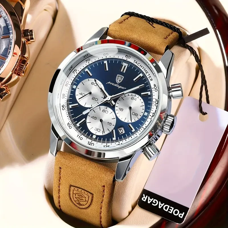 POEDAGAR Men's Luxury Chronograph Watch with Luminous Dial, High Quality 30m, Quartz Movement