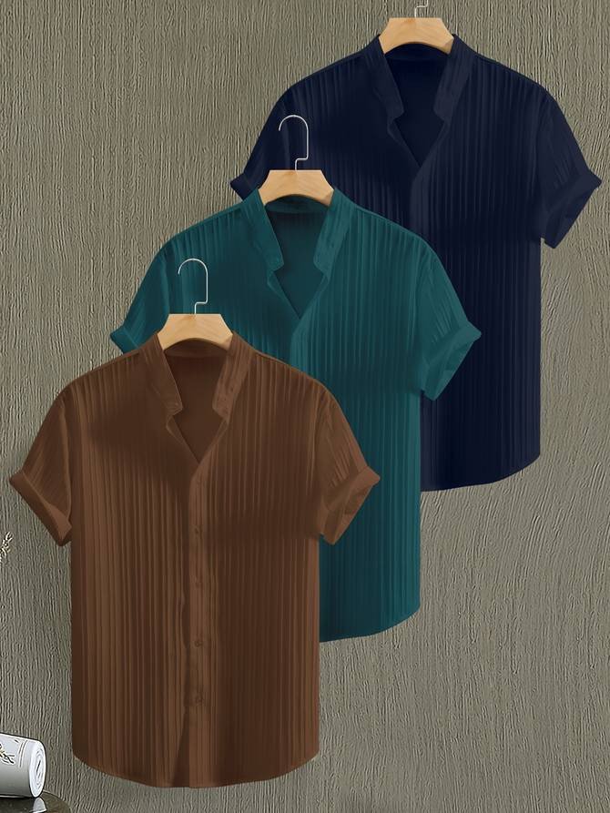 Men's Summer 3pcs Solid Color Short Sleeve Stand Collar Shirt, Breathable Comfort Fabric Button-Up Top, Casual Fashion Versatile Shirts for Casual Attire, Beach Vacation Set of 3