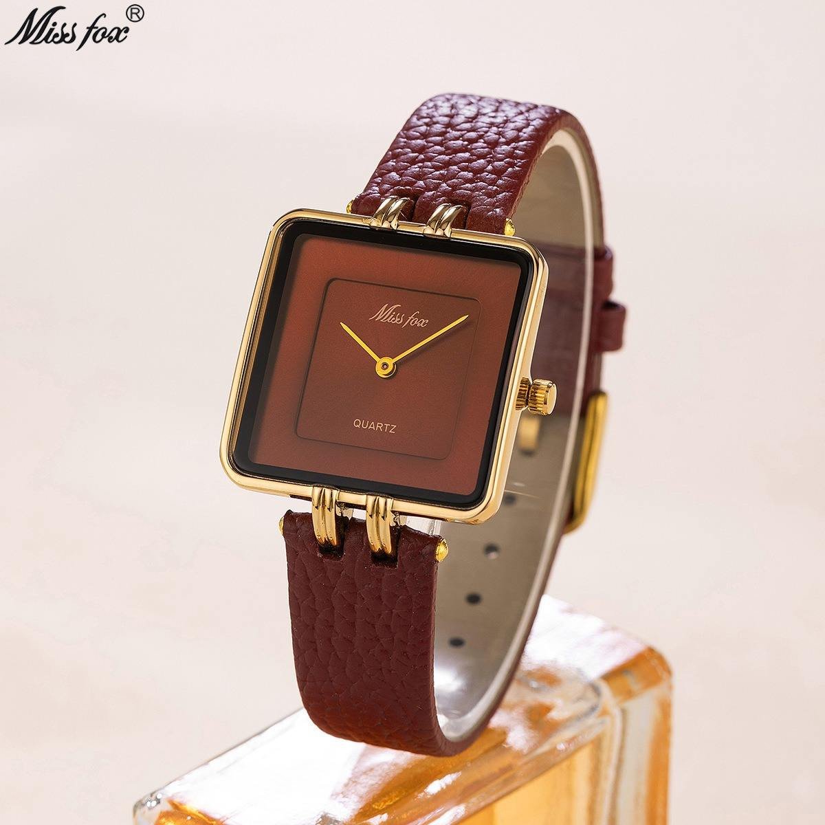 MISSFOX Women Watch Business Clock Luxury Watch for Women Simple Square Wine Red Waterproof Quartz Watches for Women Relojes
