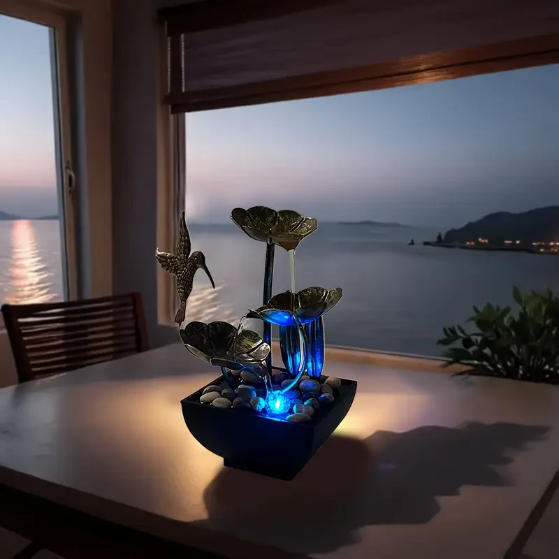 1 USB-Powered Wrought Iron Desktop Fountain with Light Ring, Relaxing Waterfall Kit for Home and Office Decor, Portable and Soothing, Black Base, Perfect for Living Room or Workspace