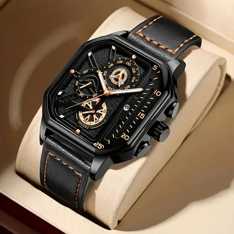 1pc Men'S Vintage Sports Chronograph Watch - Large Square Dial, Faux Leather Strap, Quartz Movement