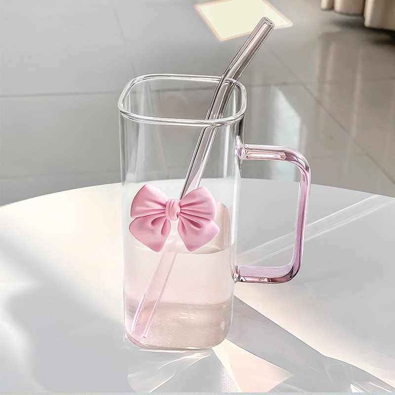 Transparent Simple Square Glass Straw Cup with Bowknot Handle High Temperature Resistant for Coffee Milk Drinks
