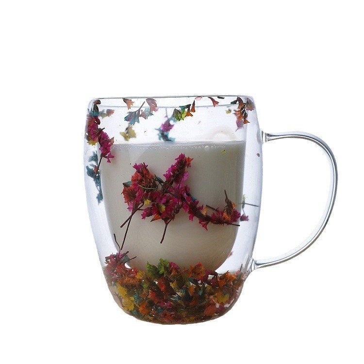 Creative Double-Layer Glass Cup with Heat-Resistant User-Designed Handle for Coffee Milk Dry Flowers Marshmallow Filling