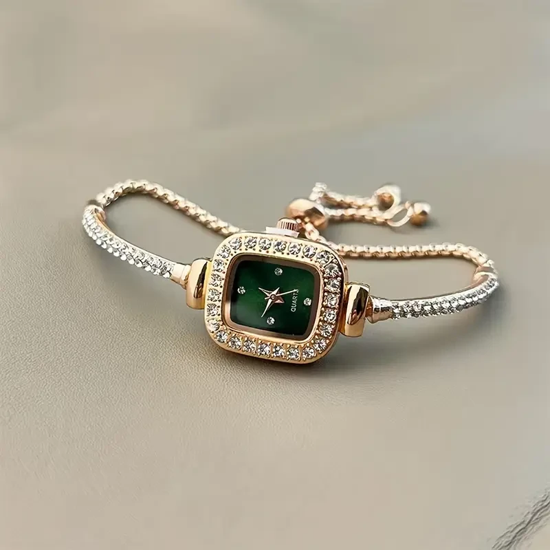 Elegant Women's Square Quartz Watch with Rhinestone Accents, Alloy Case and Band, Analog Display - Party Dress Wristwatch