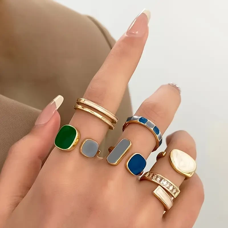 Vintage Boho Style Rings Set – 6 Pieces Colorful Geometric Adjustable Open Rings with zirconia Inlay, Zinc Alloy Fashion Rings for Women – Perfect for Daily Wear, Festivals & St.