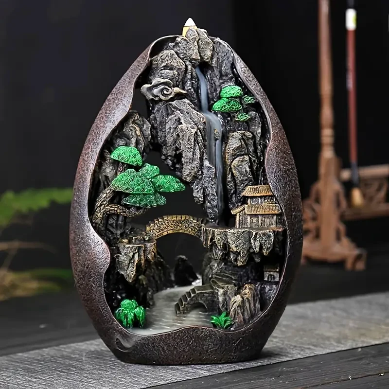 Elegant Resin Incense Burner with Lush Mountain and River Design - Sandalwood Cascading Smoke for Home Decor, Perfect for Christmas,