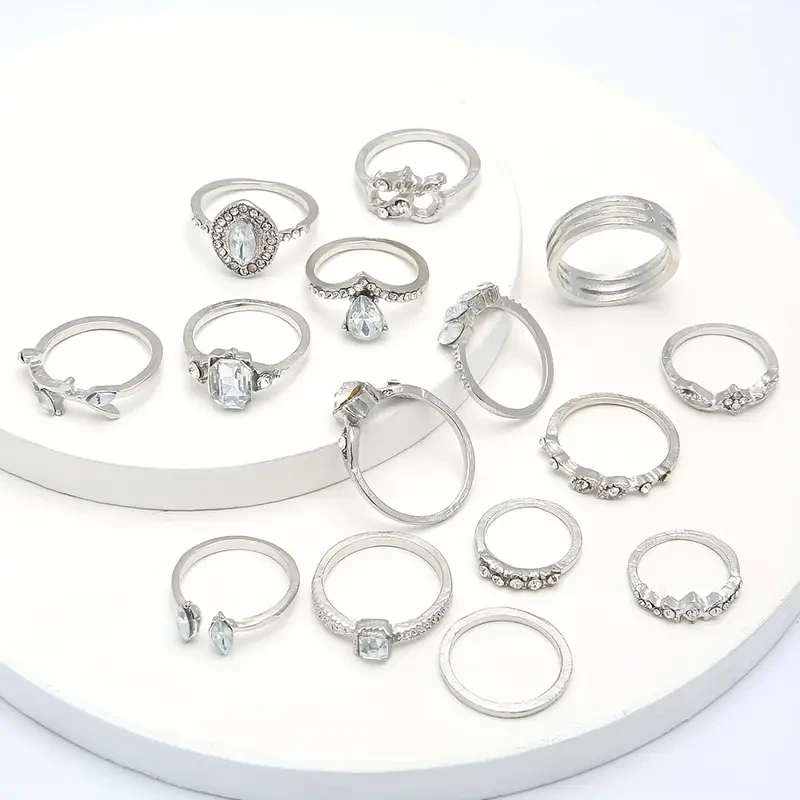 Boho-Chic 15pcs Ring Set with Vintage Silvery for Lotus Design - Alloy, Cubic Zirconia Accents for Everyday & Party Wear