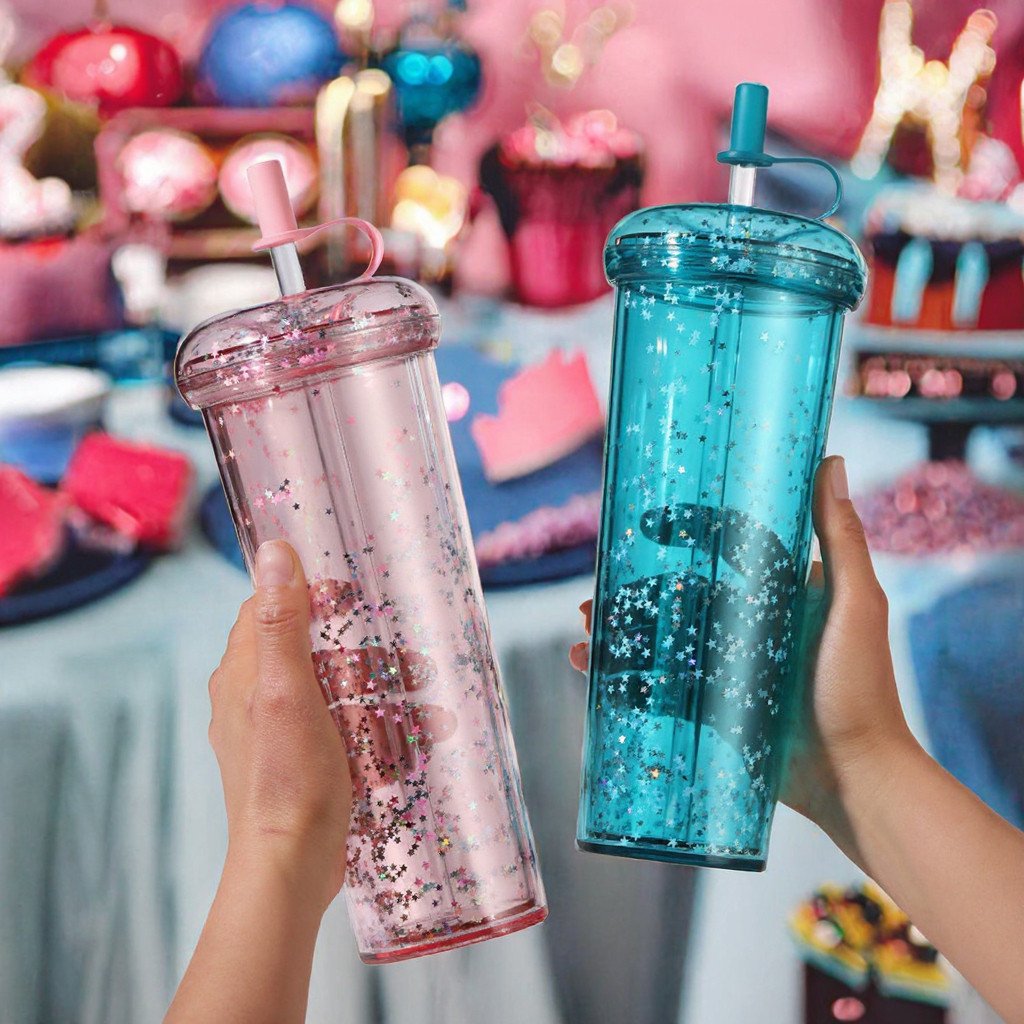 700ML Cute Glitter Shiny Double Wall Tumbler Custom Reusable Straw Direct Drinking Water Flowing Plastic Drinkware for Girls