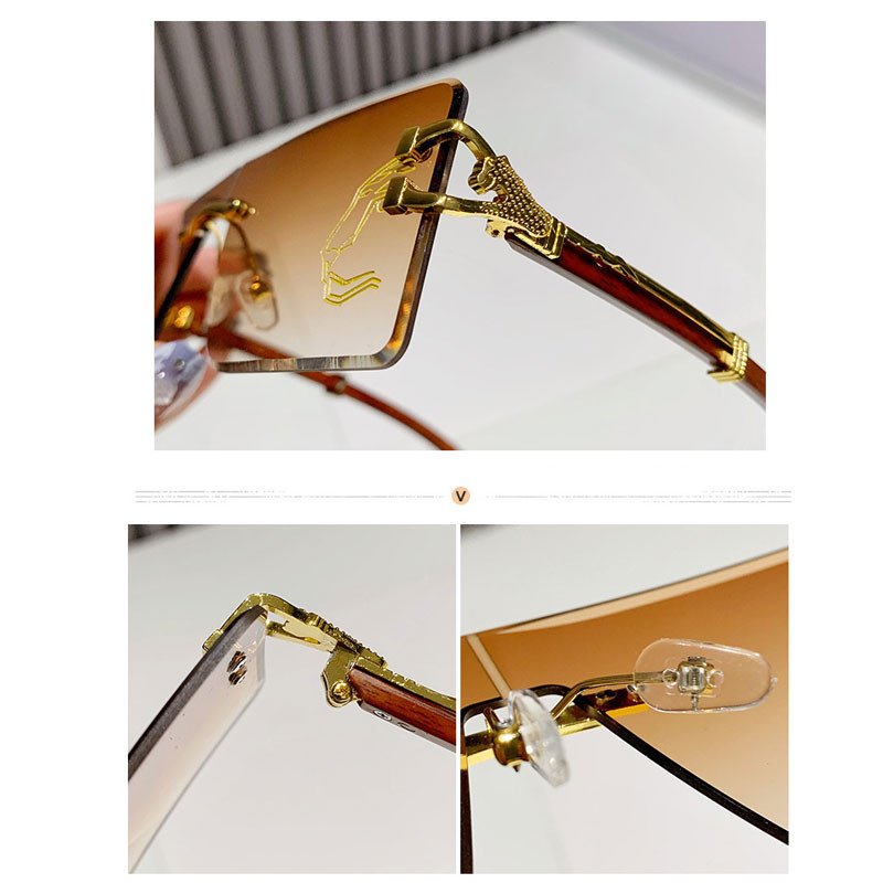 Classic One Piece Eyewear Square Frame Sun Glasses Vintage Metal Leopard Head Rectangle Rimless Sunglasses Shades For Women Men