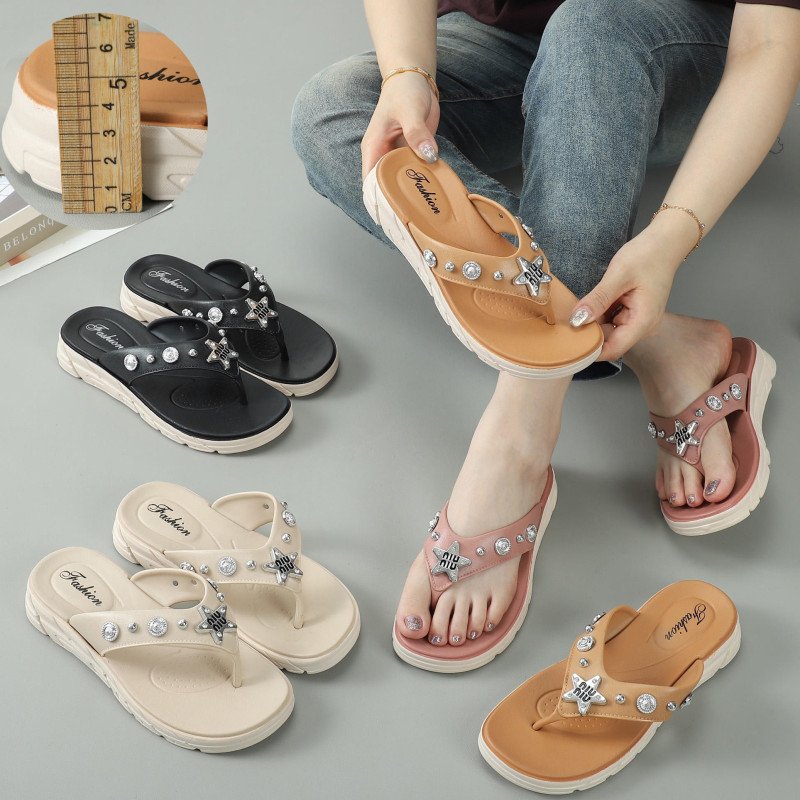 Harvest Women's Glass Crystal Rhinestone Pearl Chain Jewelry Flip Flops Sandals Slippers Soft Breathable PVC Shoes