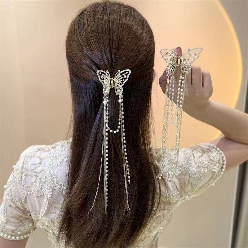 Summer metal hair clip Women's hair clip Elegant hollow diamond pearl butterfly claw clip