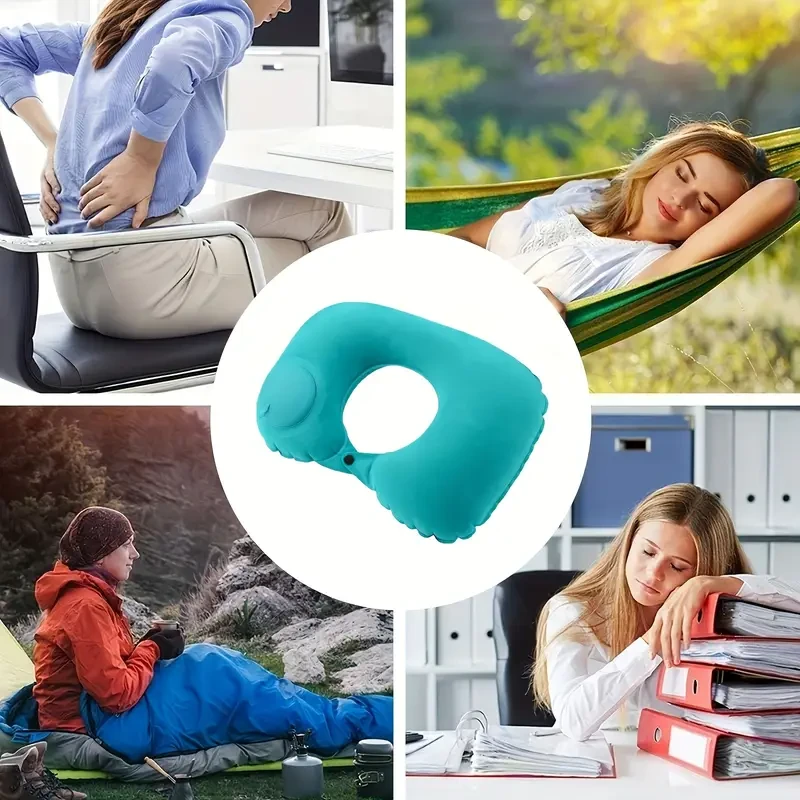 1pc Contemporary Velvet U-Shaped Inflatable Neck Pillow, Automatic Neck Support, Portable, Multi-Position