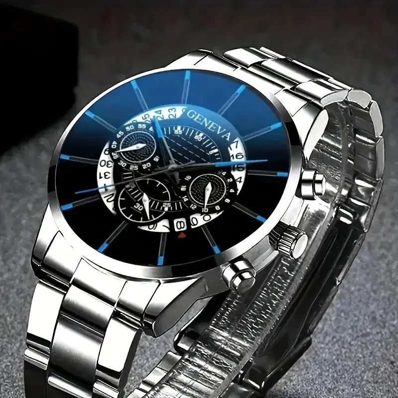 Men's Fashionable Quartz Watch - Sleek Stainless Steel Case with Blue Dial & Luminous Hands - Casual Business