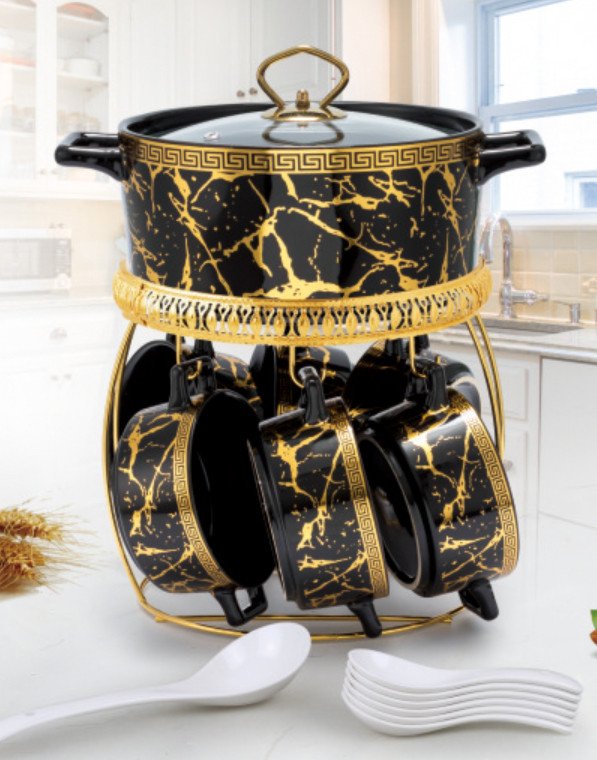 Hot Selling Ceramic Gold Cooking Pot Cookware Set Casserole Ceramic Soup Pot and Bowl Sets