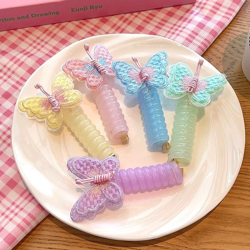 2pc Colorful Phone Wire Cords Hair Bands With Embroidered Butterfly Japanese Weaving Ponytail Artifact Tools Kids Hair Tie