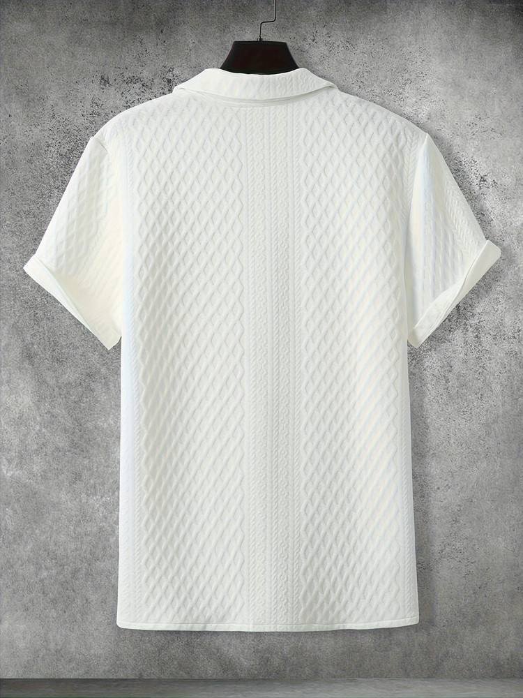 Men'S Casual Short Sleeve Polo Shirt - White with Intricate Quilted Pattern, Breathable Fabric, Lightweight & Stylish for Summer Outings, Casual Attire|Quilted Pattern Shirt|Slight Stretch Fabric
