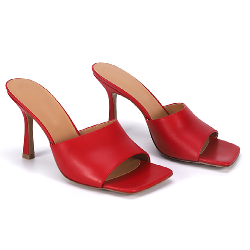 Square Toe Slippers Leather Heels Women Sandal Heel Shoes