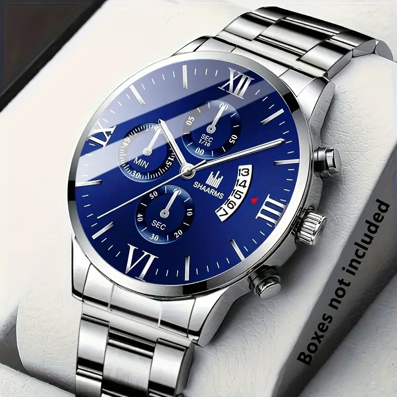 1pc Men's Elegant Business Quartz Watch - Stainless Steel Band, Blue Round Dial with Calendar Function