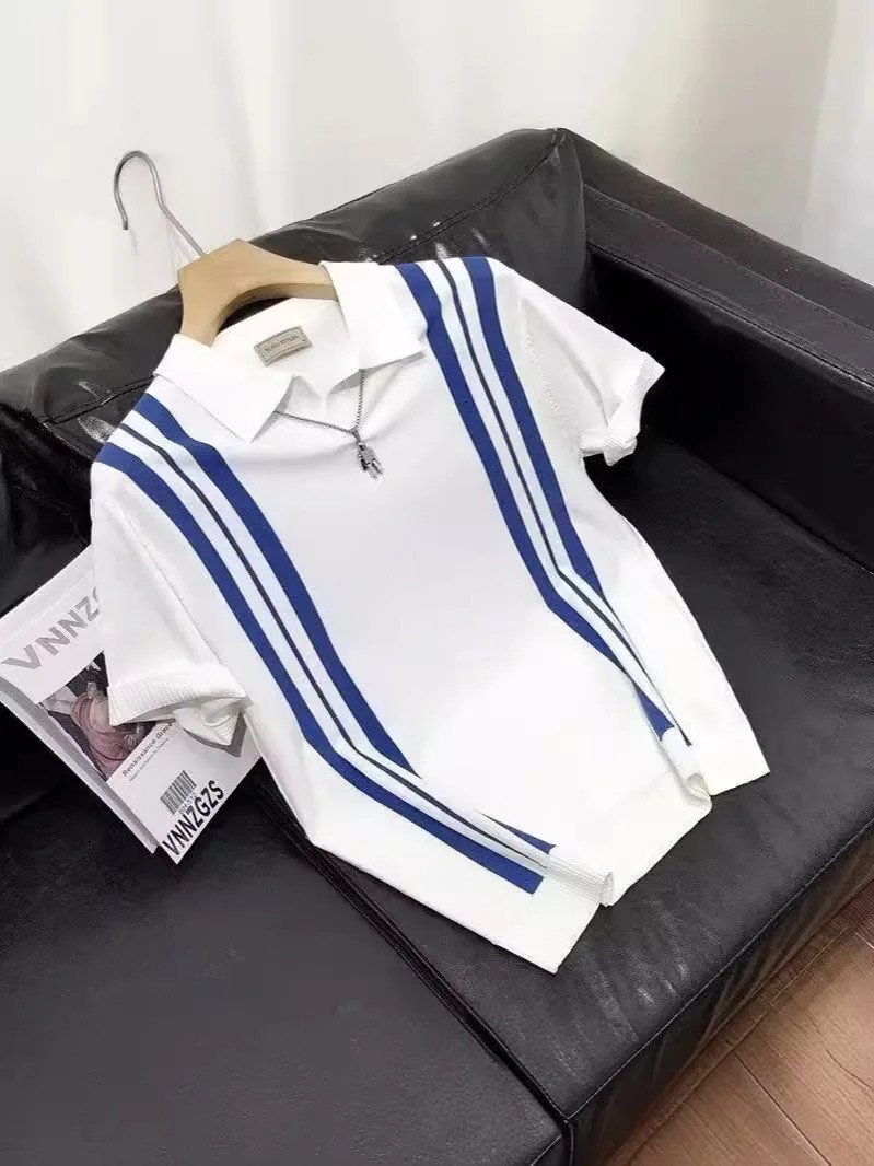 2025 Summer Men's Casual Ice Silk for Polo Shirt Lasel Slim-Fit Half-Sleeve Striped T-Shirt with Contrast Color Short-Sleeve