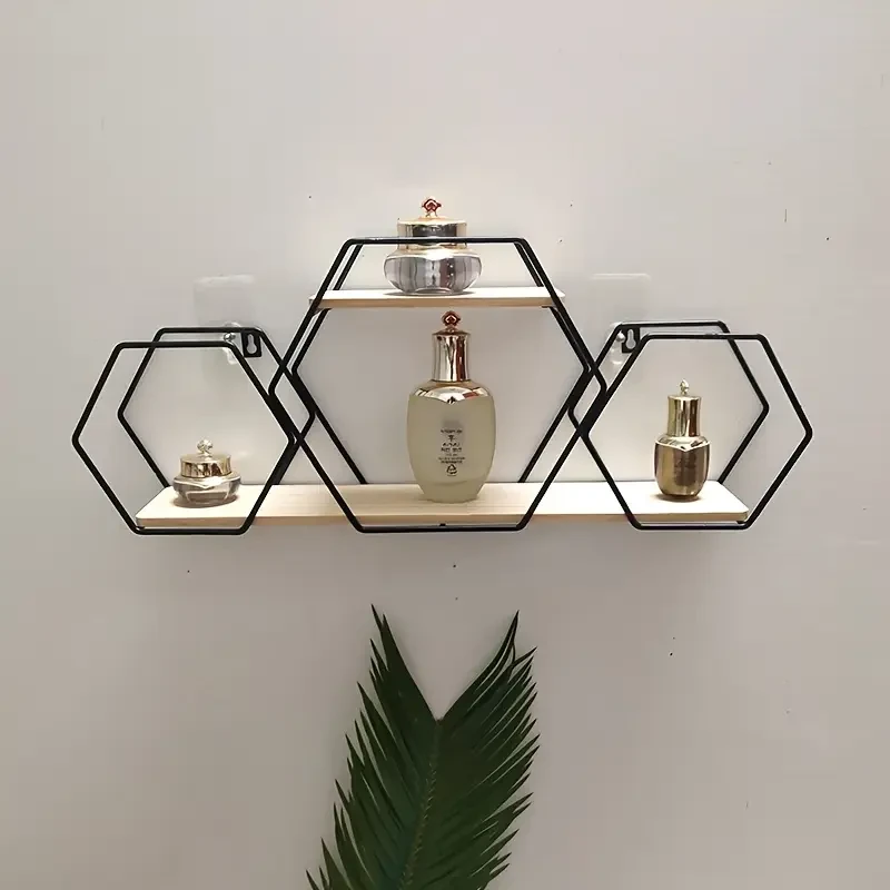 1pc Contemporary Metal Wall-Mounted Storage Rack - Hexagonal Geometric Design with Multiple Compartments, No Assembly Required for Bedroom