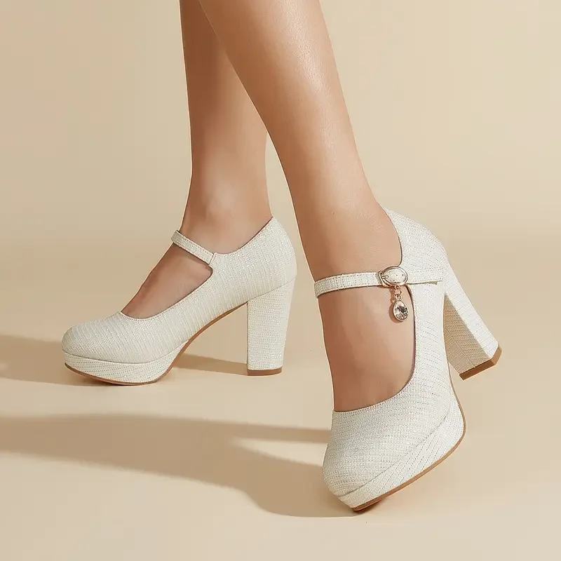 Fashionable White High Heels Round Head Thick Sole Women's Thick Heels Shiny Women's Single Shoes