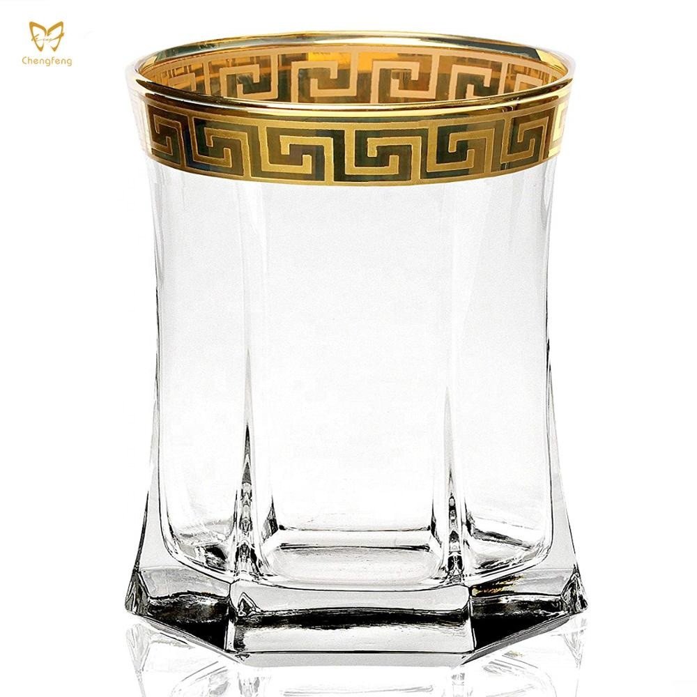1oz Gold Color Shot Glass Unique Handmade Crystal Shot Glasses Custom Logo Gold Decal Vodka Shot Glass