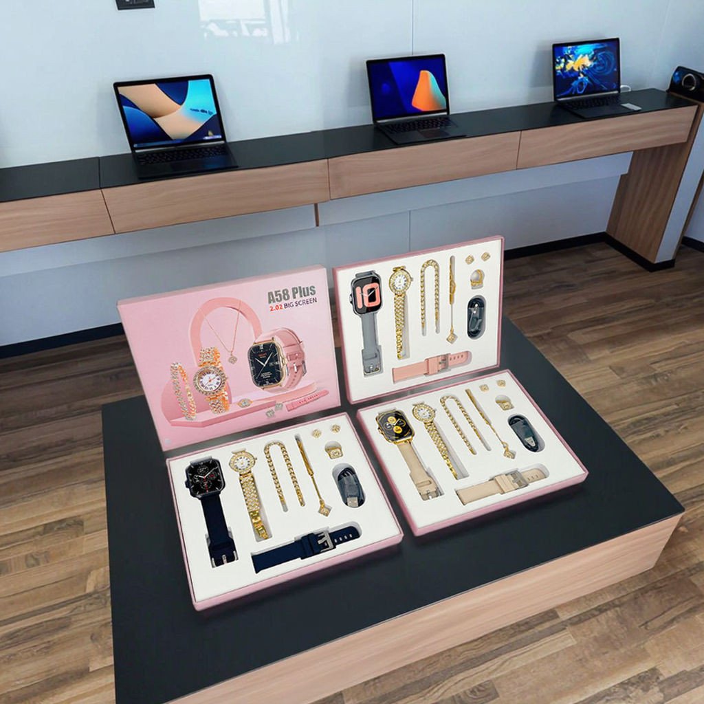 A58 Plus Luxury Diamond Smart Watch Set for Men and Women Includes Bracelet Ring Earrings Necklace-Gift Pack A58